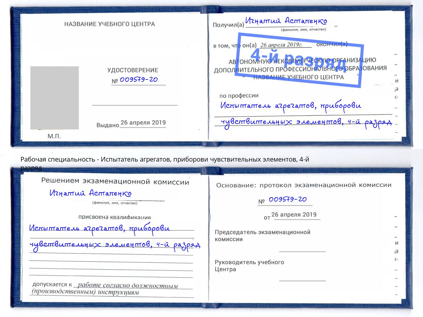 корочка 4-й разряд Испытатель агрегатов, приборови чувствительных элементов Мирный