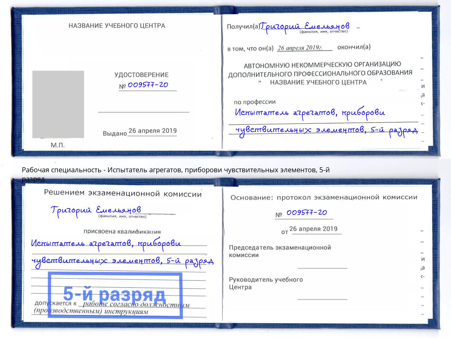 корочка 5-й разряд Испытатель агрегатов, приборови чувствительных элементов Мирный