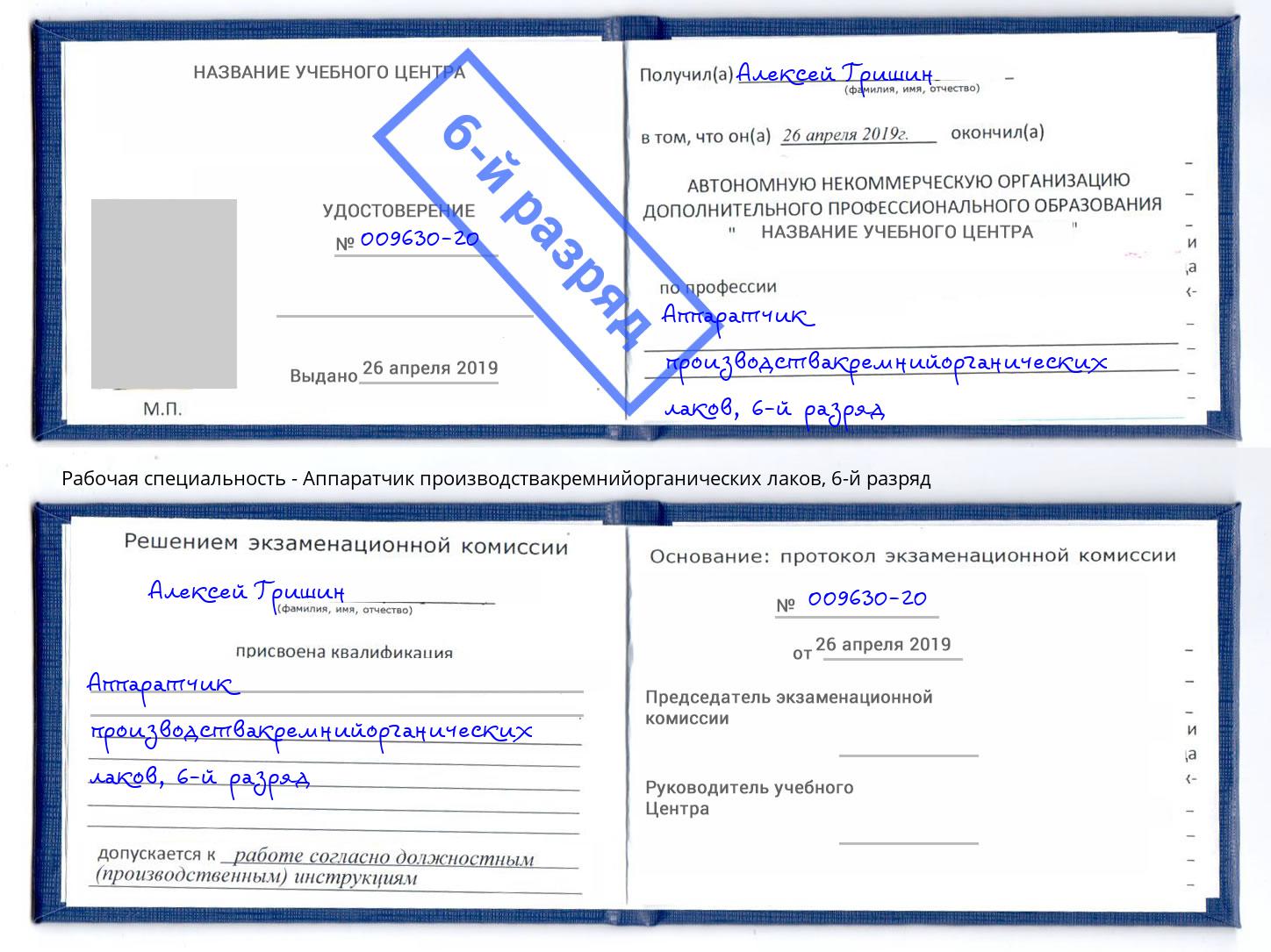 корочка 6-й разряд Аппаратчик производствакремнийорганических лаков Мирный