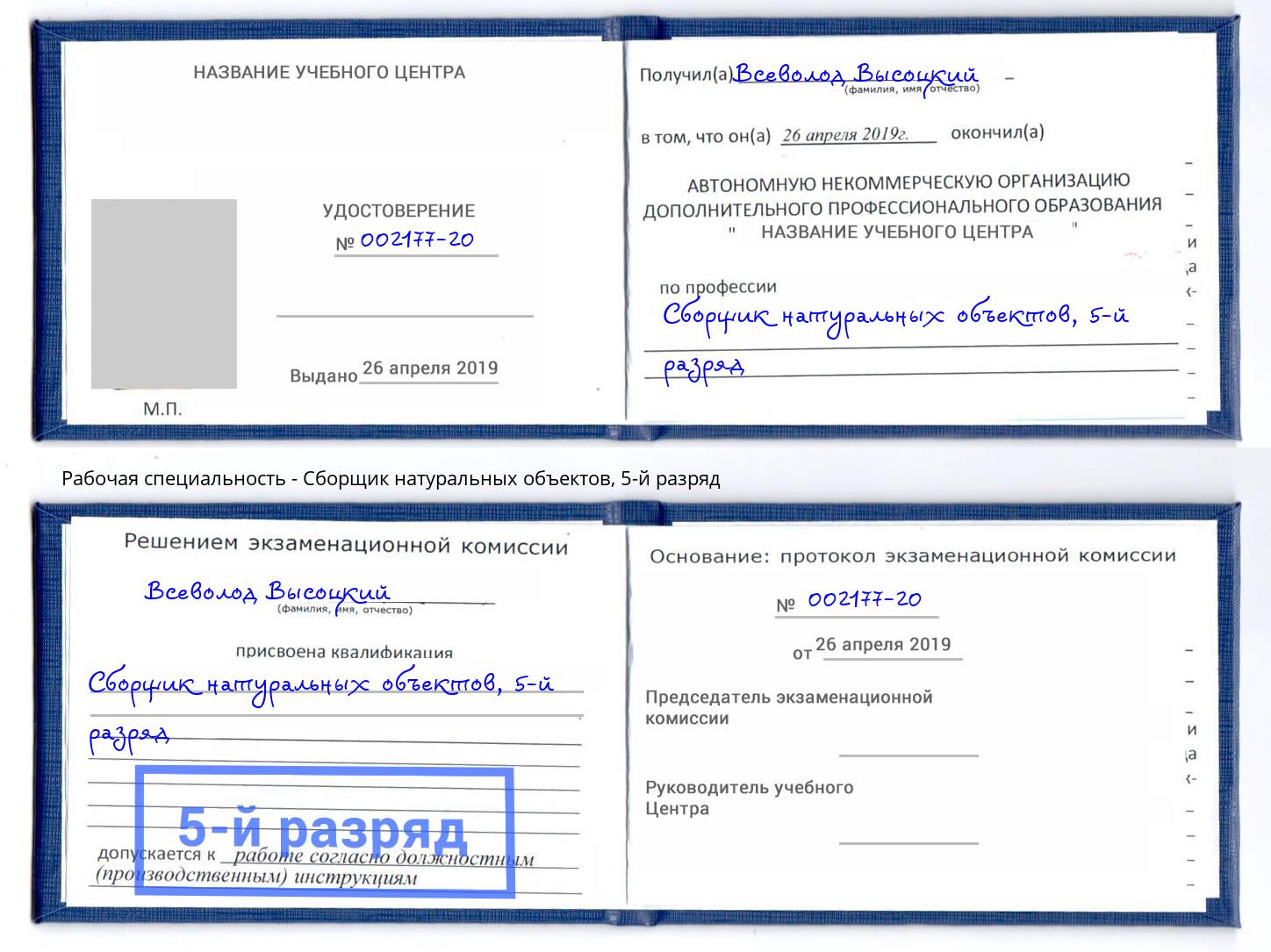 корочка 5-й разряд Сборщик натуральных объектов Мирный