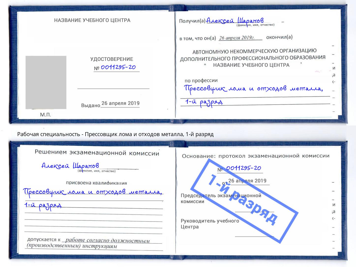 корочка 1-й разряд Прессовщик лома и отходов металла Мирный