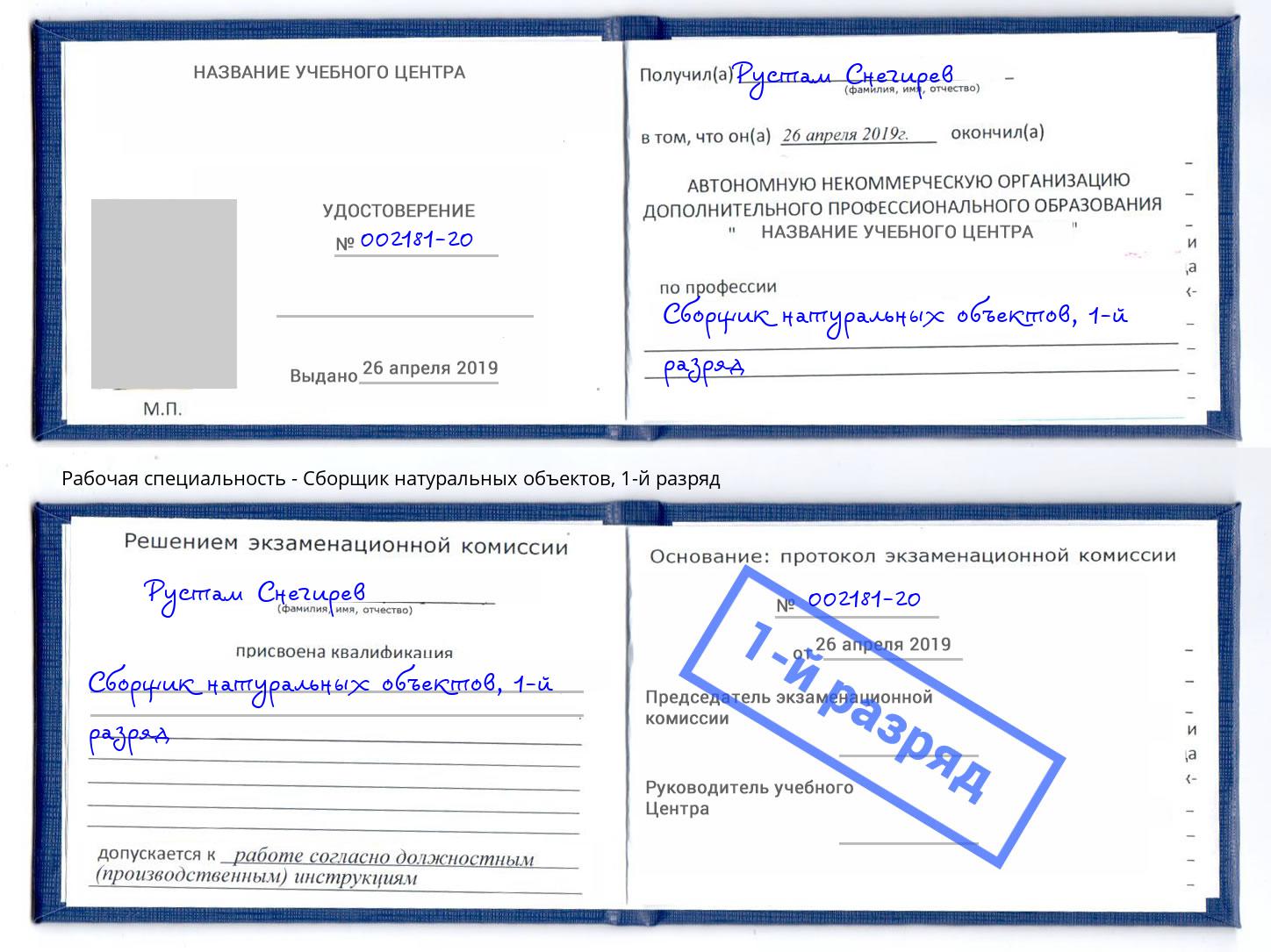 корочка 1-й разряд Сборщик натуральных объектов Мирный