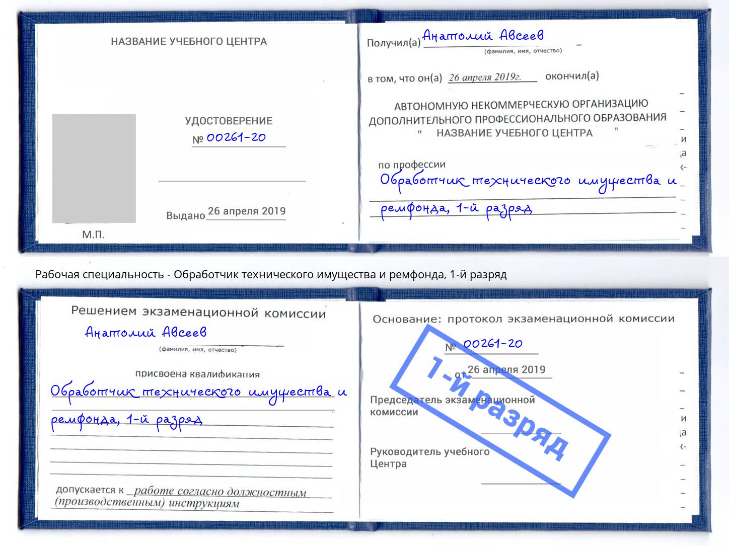 корочка 1-й разряд Обработчик технического имущества и ремфонда Мирный