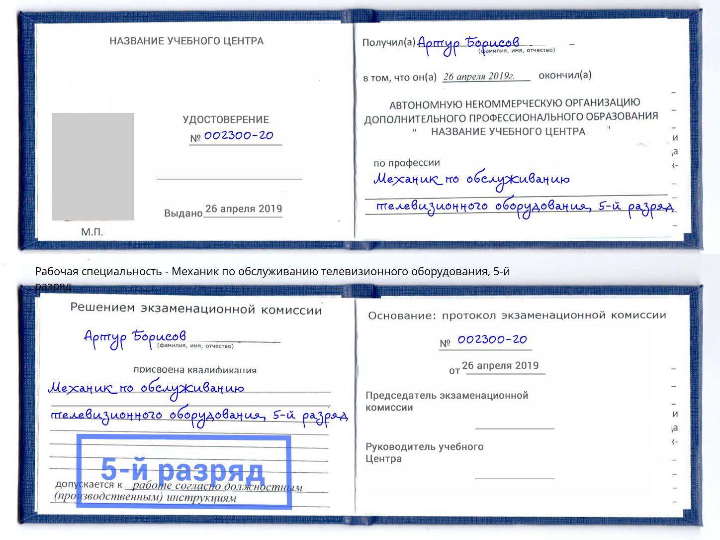 корочка 5-й разряд Механик по обслуживанию телевизионного оборудования Мирный